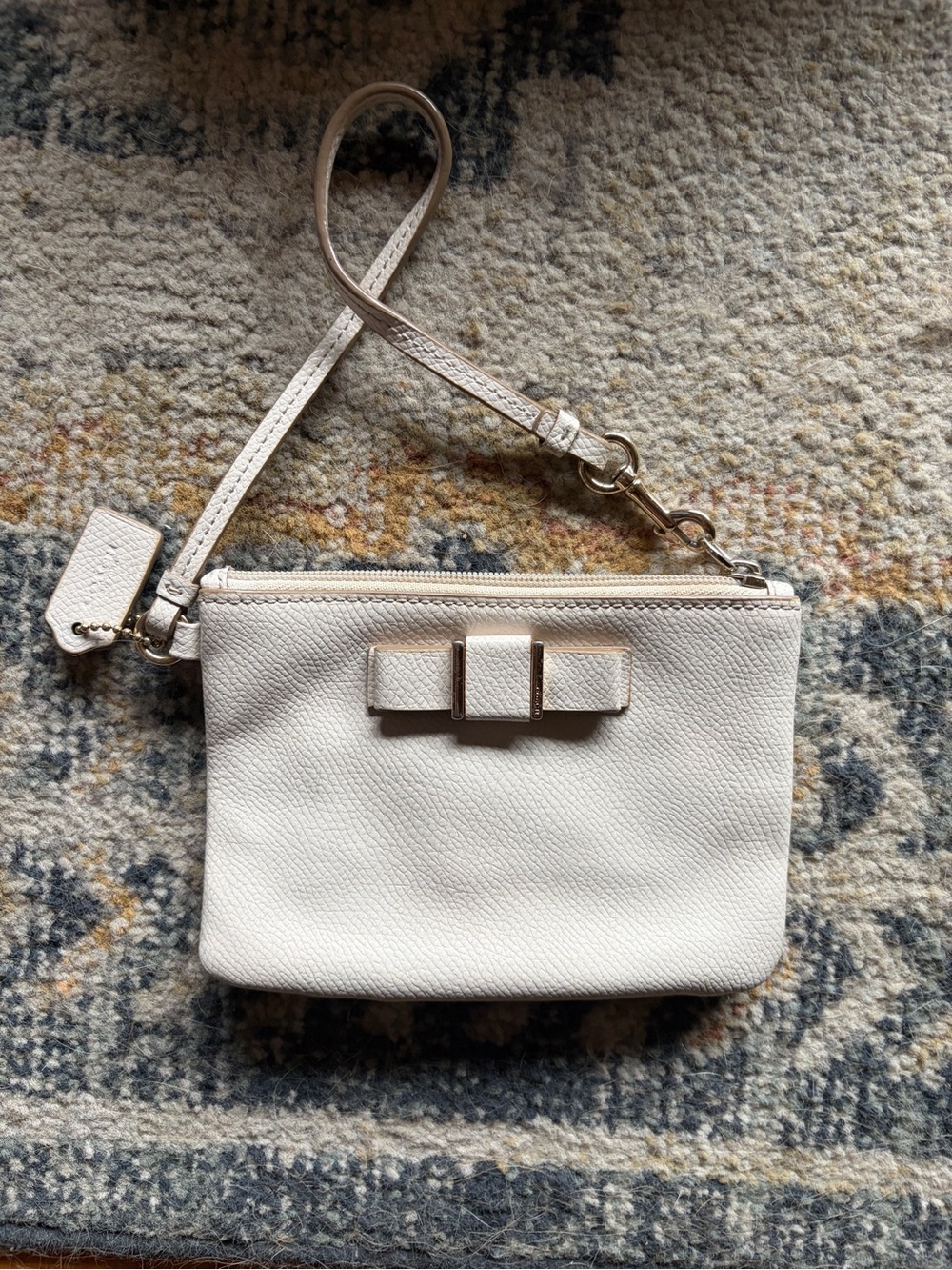 Coach Cream Leather Wristlet with Bow Accent
